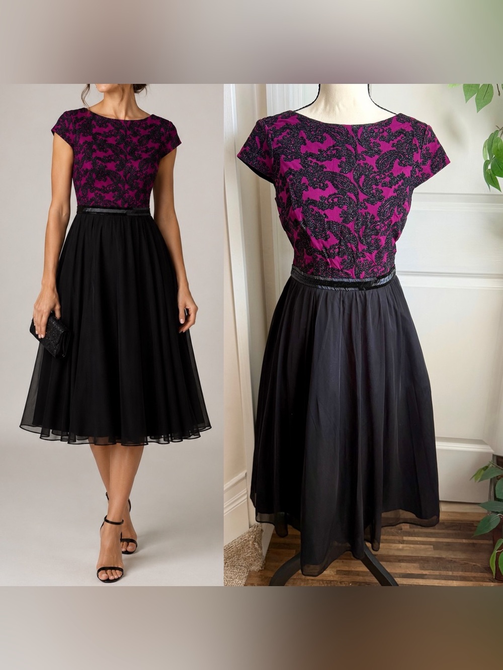 Jackie Jon New York Glitter Fit Flare Midi Party Dress Black & Fuchsia Sz 4